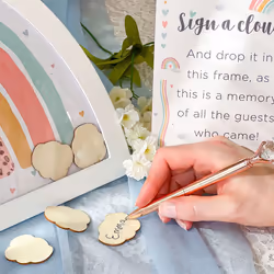 Kate Aspen Boho Baby Shower Guest Book Alternative Rainbow Frame with 30 Wooden Clouds  Frame for Sonogram Picture  Rainbow Baby Shower Decorations &