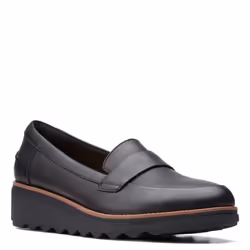 Clarks womens Sharon Gracie Penny Loafer  Black Leather With Dark Tan