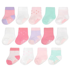 Fruit of the Loom Baby 14-Pack Grow & Fit Flex Zones Cotton Stretch Socks - Unisex  Girls  Boys 6-12 Months  Pink Stripe