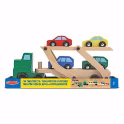 Melissa and Doug Wooden Car Transporter 4 Push-Along Vehicles Wagon Truck Toy