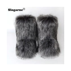 Women's Winter Fluffy Faux Fox Fur Boots Woman Plush Warm Snow Boots Luxury Footwear Girls' Furry Fur Bottes Fashion Winter Shoe - 39, Grey