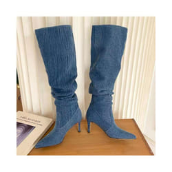Pleated High Heels Denim Boots for Women 2023 Autumn Jeans Knee High Cowboy Boots Woman Blue Thin Heeled Long Botas Feminina - 39, Blue