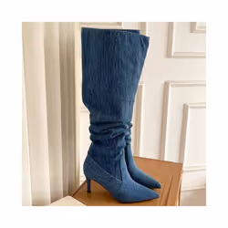 Pleated High Heels Denim Boots for Women 2023 Autumn Jeans Knee High Cowboy Boots Woman Blue Thin Heeled Long Botas Feminina - 39, Blue