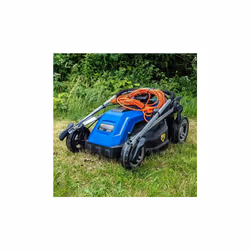Hyundai HYM3800E 1600W 230V Corded Electric Rotary Lawnmower With Rear Roller,  30L Grass Box, 5 Cutting Heights, 10M Power Cable, Blue