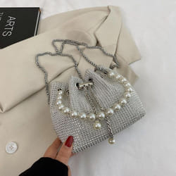 Pearl Handbag, Women&apos;s Fashionable Bright Diamond Shoulder Bag, Net Red, Foreign Style Chain, Cross Body Bucket Bag - white, one size