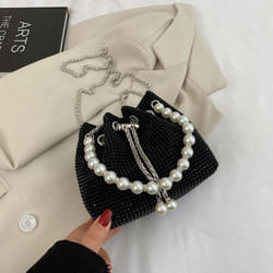 Pearl Handbag, Women&apos;s Fashionable Bright Diamond Shoulder Bag, Net Red, Foreign Style Chain, Cross Body Bucket Bag - black, one size