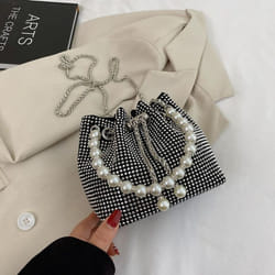 Pearl Handbag, Women&apos;s Fashionable Bright Diamond Shoulder Bag, Net Red, Foreign Style Chain, Cross Body Bucket Bag - silver, one size