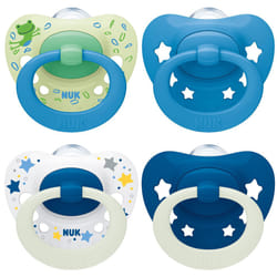 NUK Signature Day & Night Baby Dummy | 18-36 months | Soothes 95% of Babies | Heart-Shaped Silicone Soothers | Glow-in-the-Dark | Stars | 4 Count
