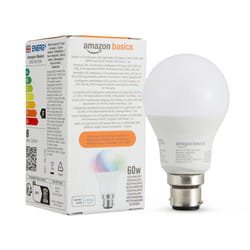 Amazon Basics Smart A60 Multicolor LED Light Bulb, B22 Base, 2.4GHz WiFi, 8W (60W Equivalent), Works with Alexa Only, 1pk