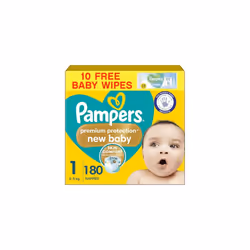 Pampers Premium Protection New Baby Size 1, 180 Nappies, 2kg-5kg, Monthly Pack + Pampers Harmonie Aqua Baby Wipes 10 Count, P ...