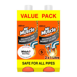 Mr Muscle Drain Unblocker, Sink & Drain Cleaner, Fast Acting Heavy Duty Gel Formula, 3x Better Than Bleach, Safe for All Pipes, Duo Pack, (2 x 1L)