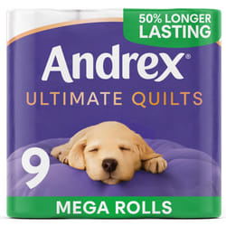 Andrex Ultimate Quilts 9 Mega Toilet Rolls = 13.5 Standard Toilet Rolls, 50% Longer Paper, Air Pocket Technology for Soft, Thick Sheets, FSC Certified