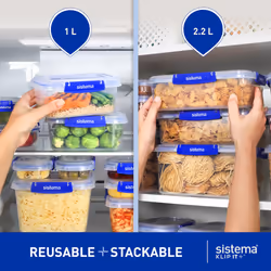 Sistema KLIP IT PLUS Leakproof Food Storage Containers | 2 x 1L & 2.2 L | Meal Prep Containers with Lids | School Lunch Boxes | BPA-Free | 3 Count