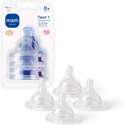 MAM Teats Size 1, Suitable for Newborns, Slow Flow SkinSoft Silicone Teats for Baby Bottles, Fits All MAM Bottles, Baby Feeding Essentials, Pack of 4