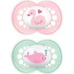 MAM Original Soother 16+ Months (Set of 2), Baby Soother Made from Sustainable SkinSoft Silicone Teat, with MAM Soother Case, Pink (Designs May Vary)