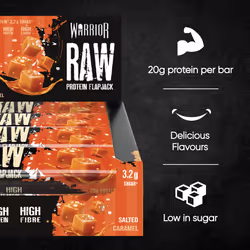 Warrior Raw Protein Flapjacks â 12 Bars x 75g Each â Packed with 20g of Protein â Low Sugar, High in Fibre (Salted Caramel)