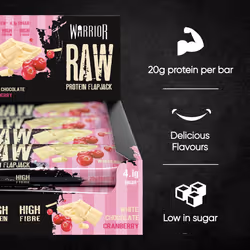 Warrior Raw Protein Flapjacks â 12 Bars x 75g Each â Packed with 20g of Protein â Low Sugar, High in Fibre (White Chocolate Cranberry)