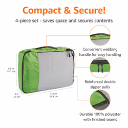 Amazon Basics Packing Cubes for Suitcases, Travel Organisers, Zipper, 4-Piece Set Bags, Medium, Green