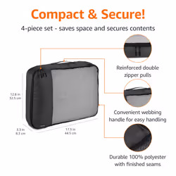 Amazon Basics Packing Cubes for Suitcases, Travel Organisers, Zipper, 4-Piece Set Bags, Large, Black