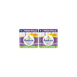 Andrex Supreme Quilts Mega Toilet Roll - 9 Mega Rolls (13.5 Standard), 3-ply, 25% Paper Than Before to Provide Ultimate Quilted Comfort (Pack of 2)
