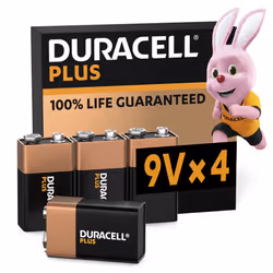 Duracell Plus 9V Batteries (4 Pack) - Alkaline - 100% Life Guaranteed - Reliability For Everyday 0% Plastic Packaging - 5-Yea ...