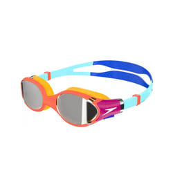 Speedo Junior Biofuse 2.0 Swimming Goggles | Patented Easy Adjustment | Anti-Fog | Anti-Leak | Enhanced Fit | Blue/Volcanic Orange/Chrome, One Size