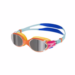 Speedo Junior Biofuse 2.0 Swimming Goggles | Patented Easy Adjustment | Anti-Fog | Anti-Leak | Enhanced Fit | Blue/Volcanic Orange/Chrome, One Size
