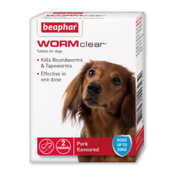 Beaphar WORMclear Tablets for Dogs, Kills all Common UK Intestinal Worms (Roundworms and Strength Treatment, Pork-Flavoured, 2 Tablets, Up to 20 kg