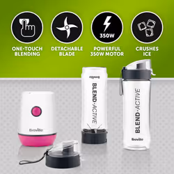Breville Blend Active Personal Blender & Smoothie Maker | 350W | 2 Portable Blend Active Bottles (600ml) | Leak Proof Lids | White & Pink [VBL248]