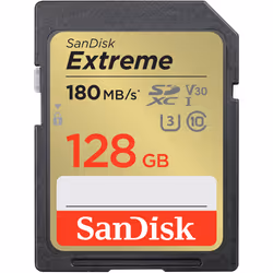 SanDisk 128GB Extreme SDXC card, SD card up to 180MB/s, V30 Memory card, UHS-I, Class, 10, U3, V30, RescuePro Deluxe data rec ...