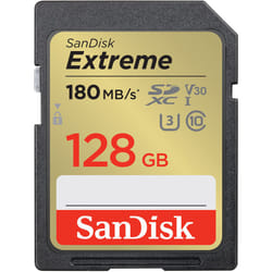 SanDisk 128GB Extreme SDXC card, SD card up to 180MB/s, V30 Memory card, UHS-I, Class, 10, U3, V30, RescuePro Deluxe data recovery software.