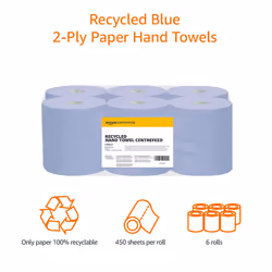 AmazonCommercial Paper Hand Towels, 2-ply Centrefeed, Blue Roll Recycled, 6 Rolls (1 pack), 450 Sheets per Roll, Sheet Size: 30 cm x 20 cm