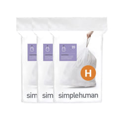simplehuman Code H 60 Liners, 50% Recycled Custom Fit Bin Bags in Dispenser Packs with Durable Drawstring Tie Handle, 30-35L, White