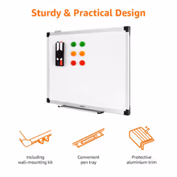 Amazon Basics Magnetic Whiteboard with Pen Tray, Aluminium Trim and Dry-Wipe Writing Surface, 60 x 45cm (WxH), White