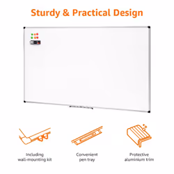 Amazon Basics Magnetic Whiteboard with Pen Tray, Aluminium Trim and Dry-Wipe Writing Surface, 90 x 60cm (WxH), White