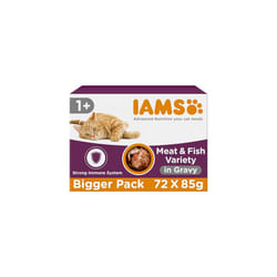 IAMS Delights Complete Wet Cat Food for Adult 1+ Cats Meat and Fish Variety in Gravy Multipack 72 x 85 g Pouches