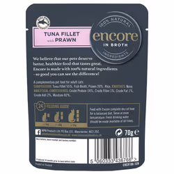 Encore 100% Natural Wet Cat Food Tuna Fillet with Prawn in Broth (Pack of 16 x 70g Pouches)
