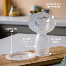 Tommee Tippee Silicone Manual Breast Pump and Let Down Catcher to Express, Relieve or Catch Excess Milk, Includes Sterilising Lid, 100ml, Clear