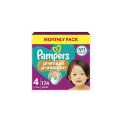 Pampers Premium Protection Size 4, 174 Nappies, 9kg-14kg, Monthly Pack, Double Protection for skin and against leaks