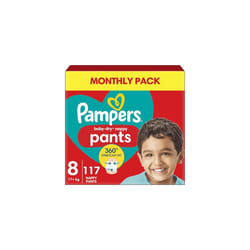 Pampers Baby-Dry Nappy Pants Size 8, 117 Nappies, 19kg+, Monthly Pack, 360 Fit To Help Prevent Gaps And Leaks