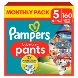 Pampers Baby-Dry Nappy Pants Paw Patrol Edition Size 5, 160 Nappies, 12kg-17kg, Pack, Triple Protection - Super Absorbent cor ...