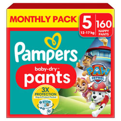 Pampers Baby-Dry Nappy Pants Paw Patrol Edition Size 5, 160 Nappies, 12kg-17kg, Pack, Triple Protection - Super Absorbent core - Easy Nappy Changes