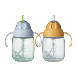 Tommee Tippee Trainer Straw Cup, 240ml, Easy Transition Toddler Cup for 6 with Silicone Weighted Straw and Easy-Hold Handles, Blue and Orange, 2 Pack
