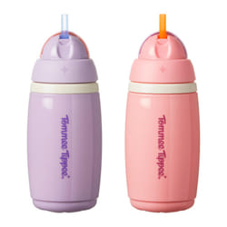 Tommee Tippee Insulated Active Straw Cup, 266ml, Spill-Proof Toddler Water Bottle for Flip Lid Helps Keep Straw Clean, Pink and Purple, 2 Pack