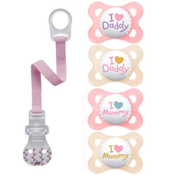 MAM "Skin Soft" silicone dummy / I love mummy & daddy / 0-6 Months Girl / set of 4 / incl. 2 sterilised transport boxes.