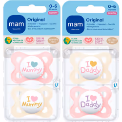MAM "Skin Soft" silicone dummy / I love mummy & daddy / 0-6 Months Girl / set of 4 / incl. 2 sterilised transport boxes.