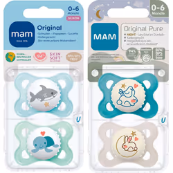 MAM Day & Night "Skin Soft" Silicone Dummy 0-6 // Neutral // Set of 4 // Includes 2 Sterilised Transport Boxes