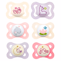 MAM Day and Night Silicone Dummies 0-6 Months GIRL Pack of 6 incl. 3 travel boxes