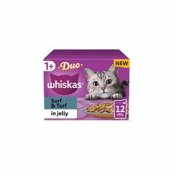Whiskas Tasty Duo 1+ Surf and Turf in Jelly 48 x 85 g Pouches, Adult Cat Food, Pack of 4 (12 x 85 g)