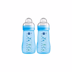 MAM Easy Active Bottles | 2 Pack (2 x 270ml) | Medium Flow MAM Teats Size 2 | Baby Accessories | Blue (Various Designs)